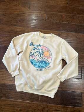 FREEZE Beach More Worry Less Graphic Crewneck Sweatshirt Tan Small